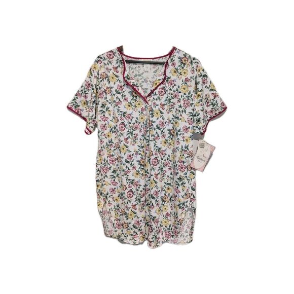 Nos Vintage 80s Barbizon Knit Nightgown Floral Cotton Blend Henley Sleep Shirt M - Picture 1 of 6